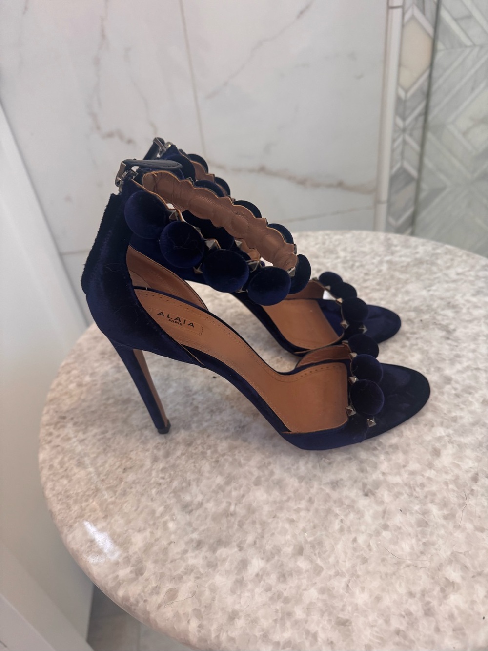 Alaia Navy Satin Pom-Pom Ankle-Strap Heels - Picture 3 of 16